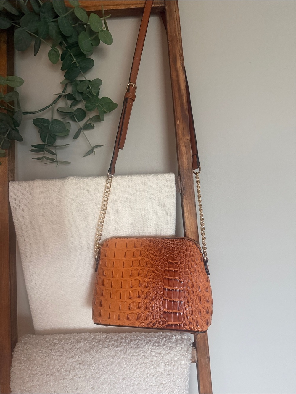 Croc-Embossed Crossbody Bag in Cognac Brown